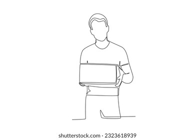 A man helped by carrying a charity box. World humanitarian day one-line drawing