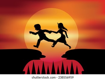 Man helped women to Jumping across the chasm.It's for concept Jumping across the difficulty