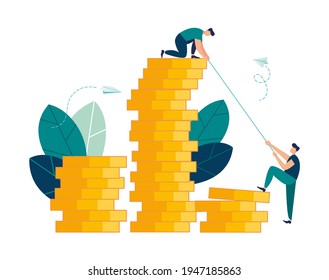 Man helping another climb to the top of coins, investment management, career growth to success, support and motivation, teamwork, business analysis, vector illustration 