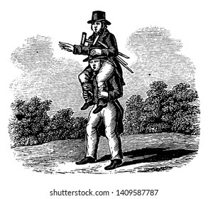 A man helping another man, he lift him on his shoulder and walking, vintage line drawing or engraving illustration