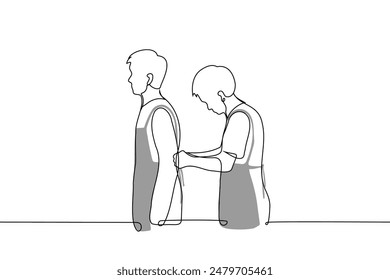 man helping another with tying an apron - one line art vector. concept men are going to cook, cooking master class. Handmade vector not AI