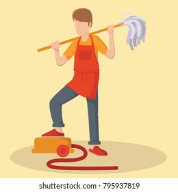 Man helping cleaning the house vector illustration. Modern husband, man design concept