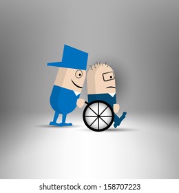 Man helping disable person push a wheelchair
