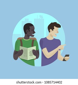 man helping foreigner, looking for address,Lost in the city.