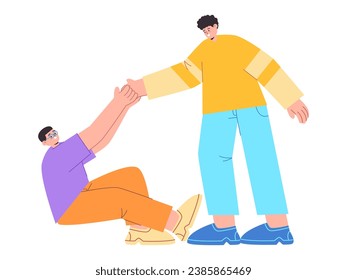 Man helping friends fallen holding symbol of trust between young vector drawing illustration colorful 