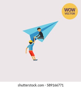 Man Helping Man to Get on Paper Airplane