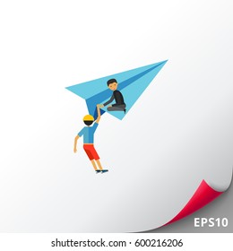 Man Helping Man to Get on Paper Airplane