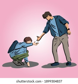 man helping his friend to get up illustration vector isolated on gradient pink background. Business teamwork concept.
