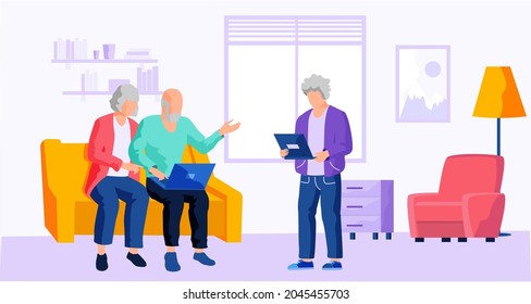 Man helping old people to use computer. Elderly couple learn new technologies. Characters surfing internet and typing on laptop. Grandparent spend time on social media and communicate through gadget