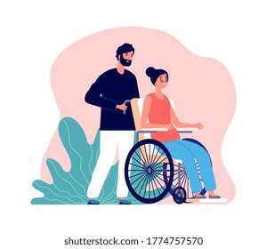 Man helping. Old woman in wheelchair and young male. Isolated social worker or volunteer with seniors. Grandmother and grandson, family vector illustration