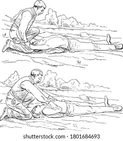A man helping other man with exercise by stretching his arms, vintage line drawing or engraving illustration.
