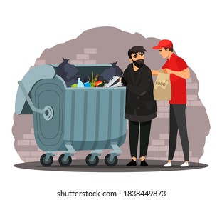 Man Helping Poor Homeless Man With Food. Poverty And Charity Vector Illustration. Guy Giving Dinner To Beggar In Poverty Near Trash Bins. Social Inequality And Aid In Society.