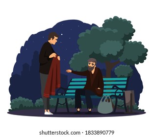 Man helping poor homeless man in park. Poverty and charity vector illustration. Guy giving coat to beggar in poverty. Social inequality in society. Volunteer worker donating clothes.