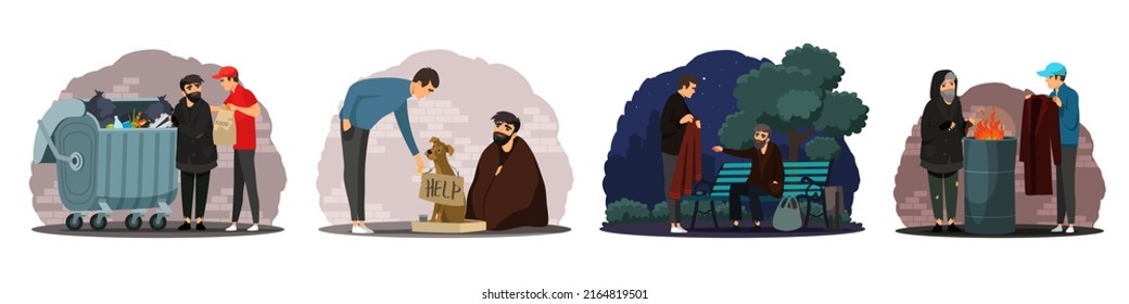 Man Helping Poor Homeless People Set. Poverty And Charity Vector Illustration. Guy Giving Food, Clothes, Money To Beggars In Poverty. Social Inequality In Society. Volunteer Workers