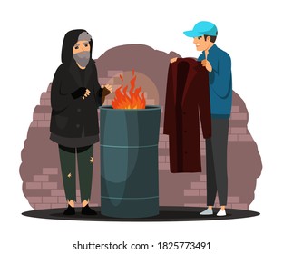 Man helping poor homeless person with clothes. Poverty and charity vector illustration. Guy giving coat to beggar in poverty near fire. Social inequality in society. Volunteer worker.