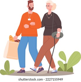 Man helping senior woman with shopping. Volunteer carrying groceries bag isolated on white background