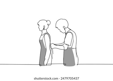 man helping woman with tying an apron - one line art vector. concept men are going to cook, handmade master class. Handmade vector not AI