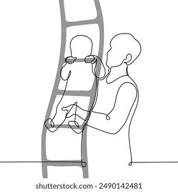 man helps a baby climb a rope ladder, the baby is too small for this - one line art vector. concept father's help, role of parental figure. Handmade vector not AI