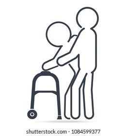 Man helps elderly man patient with a walker, simple line icon illustration