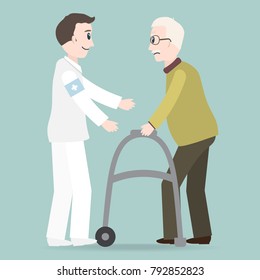 Man helps elderly patient with a walker vector illustration