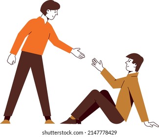 A man helps a fallen friend to get up. Help and support vector illustration.