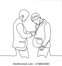 man helps a friend get dressed. One continuous line Men dress in business suits: one man helps a person with disabilities (a disabled person with problems with fine motor skills). Can be used for anim