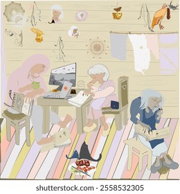 A man helps grandmothers find information. He searches on the computer, and they look in old books. Cozy room with many little things in pastel colors.