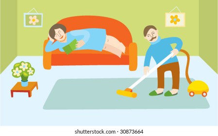 The man helps his wife.