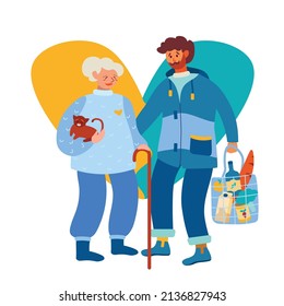A man helps an old lady. The social worker supplies groceries retired woman. Ukraine flag yellow and blue colors.