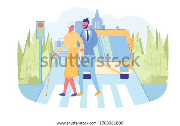 Man Helps Old Senior Woman to Cross Road on\
Green Traffic Light via Pedestrian Crossing. Male Character Support\
Aged Retired Lady. Care and Humanity. Charity and Volunteering.\
Vector Illustration