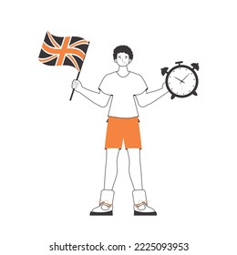 A man helps teaches English. The concept of learning a foreign language. Lineart style. Isolated, vector illustration.