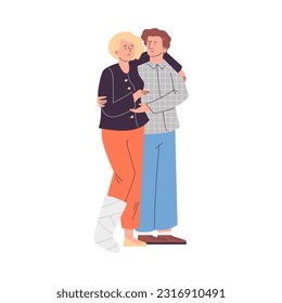 Man helps a woman who has broken her leg move, flat cartoon vector illustration isolated on white background. First aid providing and non-professional emergency help.