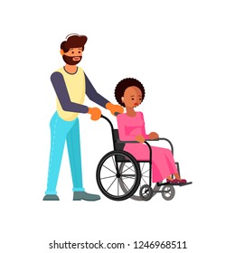 Man helps young disabled african woman in wheelchair isolated on white background in flat design. Vector illustration eps 10