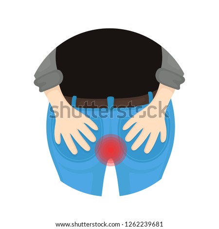 Man with hemorrhoids holding his butt in pain. Vector flat cartoon character illustration icon design. Isolated on white background.Man bottom,ass,anal pain caused by hemorrhoid concept