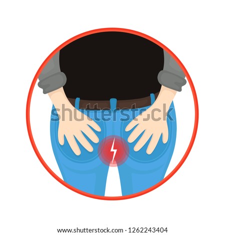 Man with hemorrhoids holding his butt in pain. Vector flat cartoon character illustration icon design. Isolated on white background.Man bottom ache,ass,anal pain caused by hemorrhoid concept
