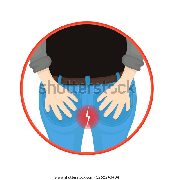 痔の人がお尻を痛めている ベクターフラットなカートーンのキャラクタイラストアイコンデザイン 白い背景に分離 人間の下部の痛み ロス 痔のコンセプによる 肛門の痛み のベクター画像素材 ロイヤリティフリー