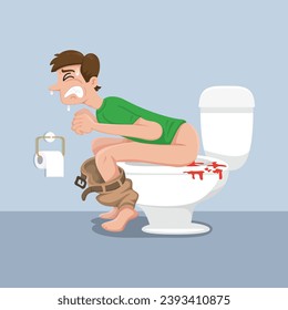 Man with hemorrhoids problem sitting on toilet bowl,illustration vector eps10 cartoon.