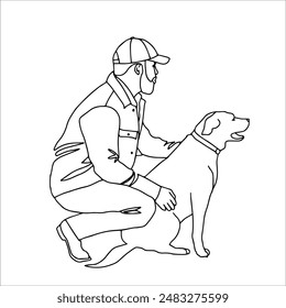A man with her dog. Linear art black and white illustration.	