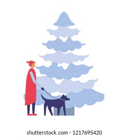 man with her dog and pine tree winter season