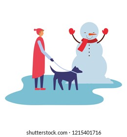 man with her dog and snowman winter