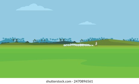 Man herding sheep in green Landscape Background