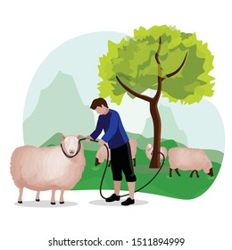 Man herding a sheep on the grass land . Concept for farm house, Flat style vector illustration isolated on white background, suitable for wallpaper, banner, book illustration