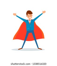 Man hero in business field, genius businessman with super powers vector. Manager with smile wearing cloak. Powerful boss, almighty helper superman