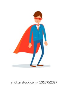 Man hero in mask and mantle, businessman support vector flat stye. Ceo executive leader with robe, super helping and assisting in business helper