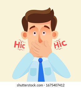 Man hiccups. Confused person covered his mouth with his hands trying to stop the hiccups. Vector illustration, flat design, cartoon style, isolated background, portrait.