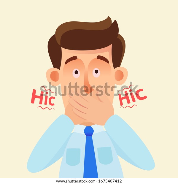 Man hiccups. Confused\
person covered his mouth with his hands trying to stop the hiccups.\
Vector illustration, flat design, cartoon style, isolated\
background, portrait.