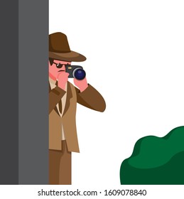 man hide behind walls while using camera to take picture. spy, detective or paparazzi symbol cartoon illustration editable vector 