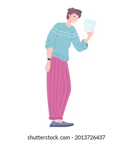 Man hide under smile mask real sad face. Fake emotion or introvert concept, vector illustration.