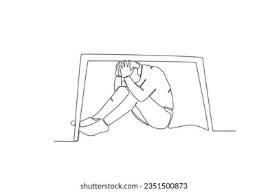 A man hides in fear under a table. Earthquake one-line drawing