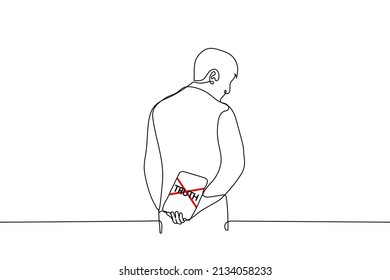man hides forbidden book with "TRUTH" cover - one line drawing vector. the concept of the prohibition of truth and pursuit of objectivity, the ban for an alternative opinion, political persecution 